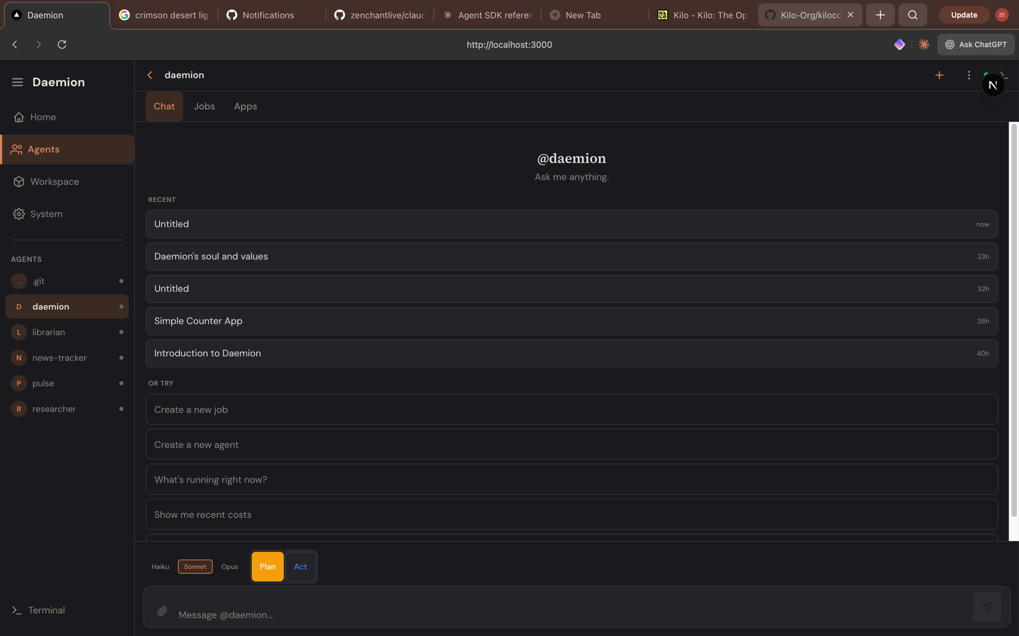 Daemion agent detail — thread list, model selector, Plan/Act mode