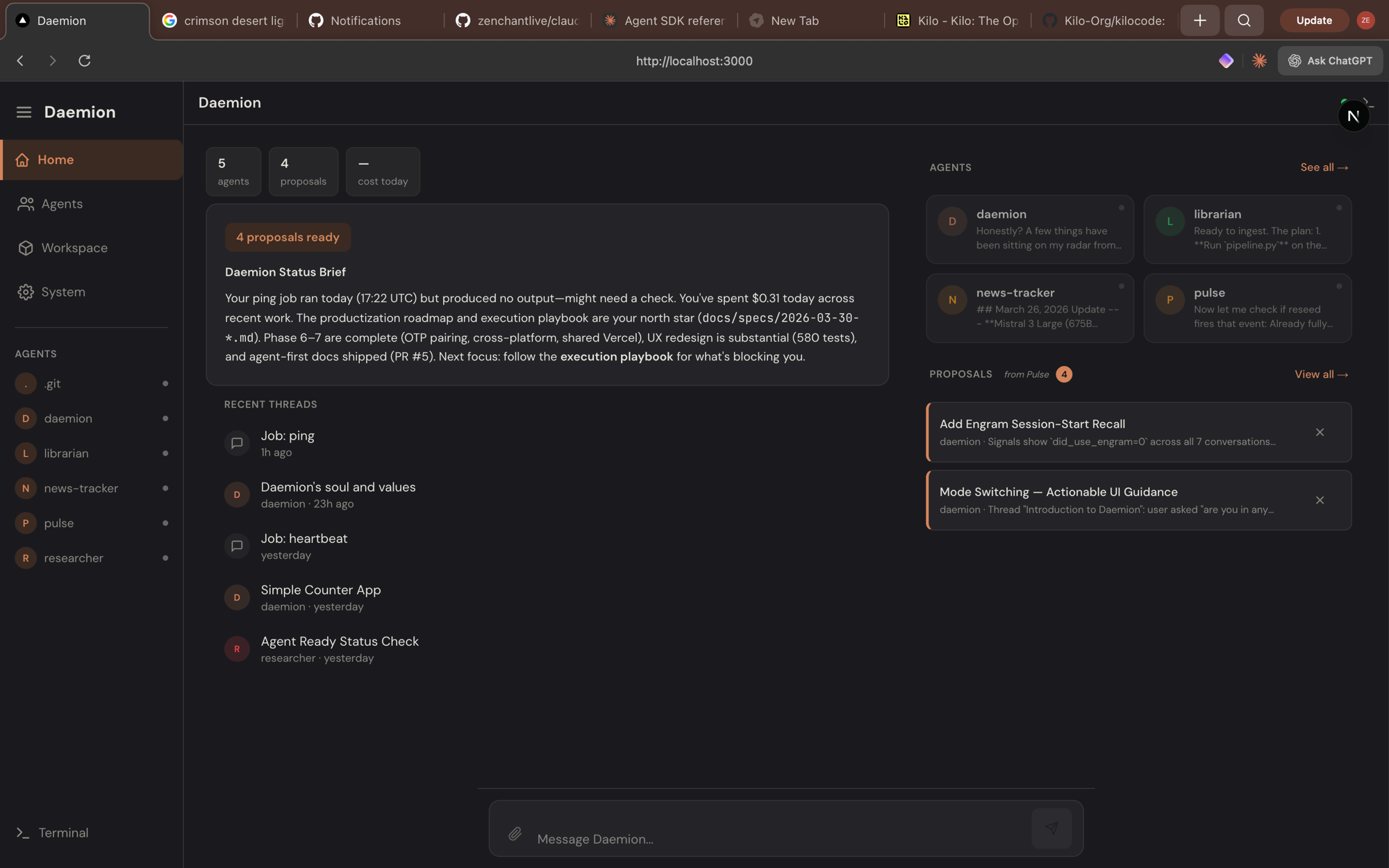 Daemion home — agents, proposals, and live threads
